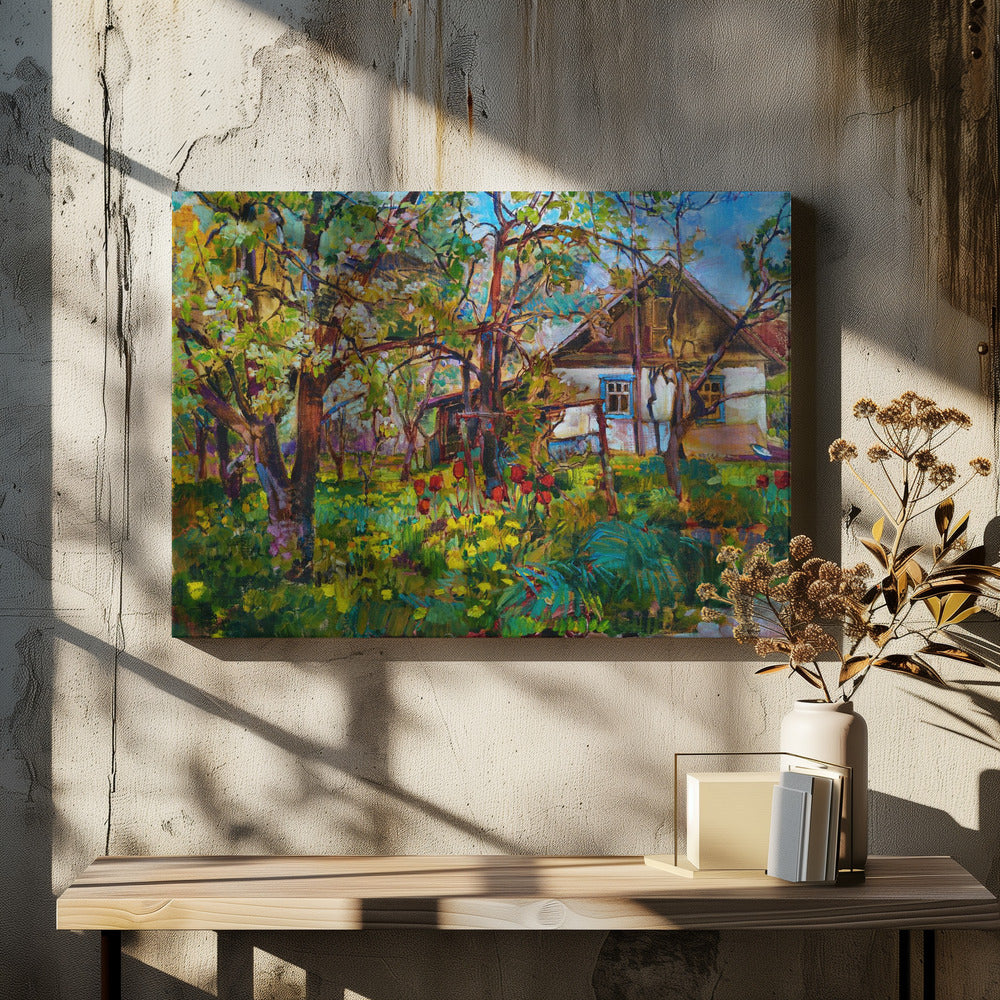 Spring garden, blooming apple trees