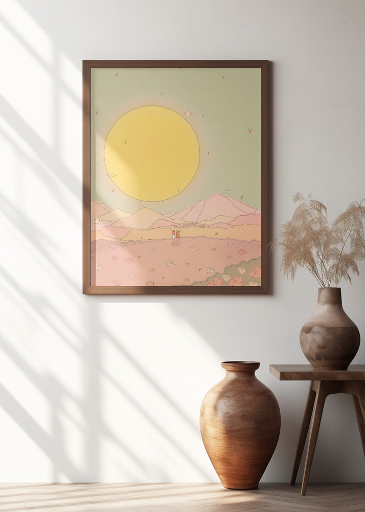 Sun Over Pastel Mountains And Blooming Flowers