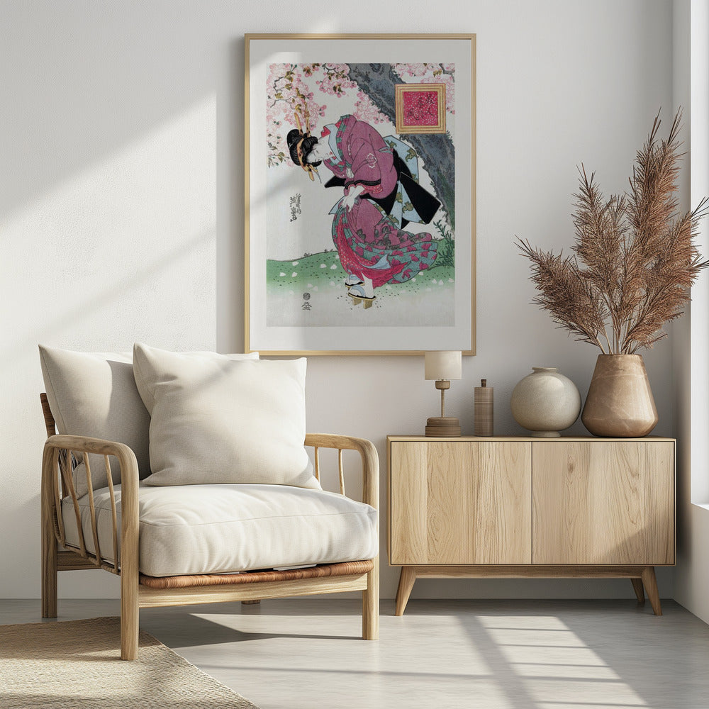 Japanese Woman and Cherry Blossom (1828) Vintage Woodblock Prints With Boarder