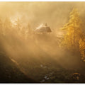 Alpine church in the morning fog