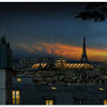 Art Prints of roofs of Paris at blue hour