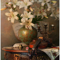 Still life with violin and lilies