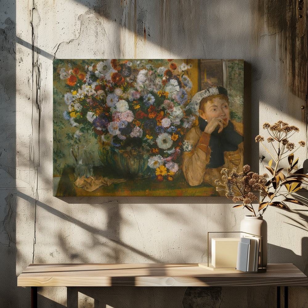 A Woman Seated Beside a Vase of Flowers