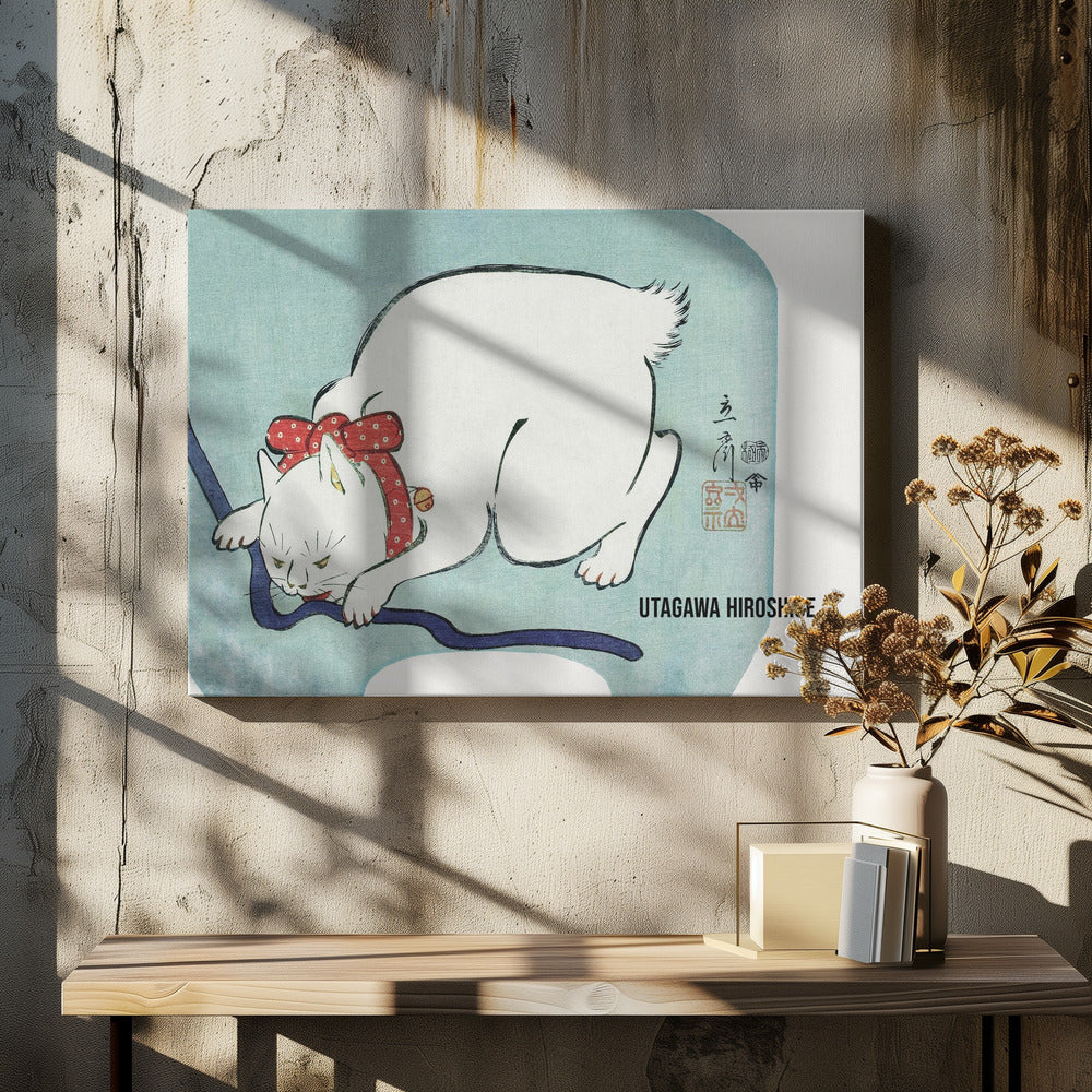 Japanese White Cat (1863) Vintage Woodblock Print
