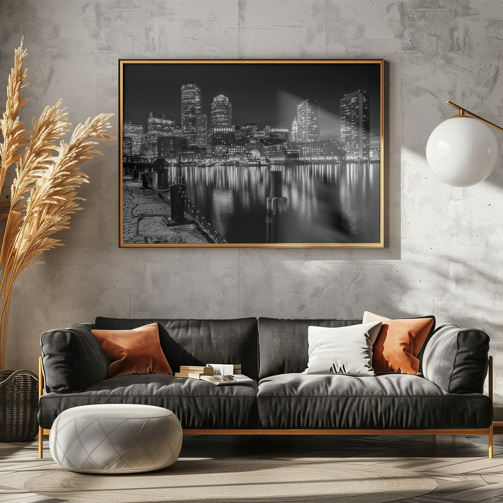 Art Prints of BOSTON Fan Pier Park & Skyline at night - monochrome
