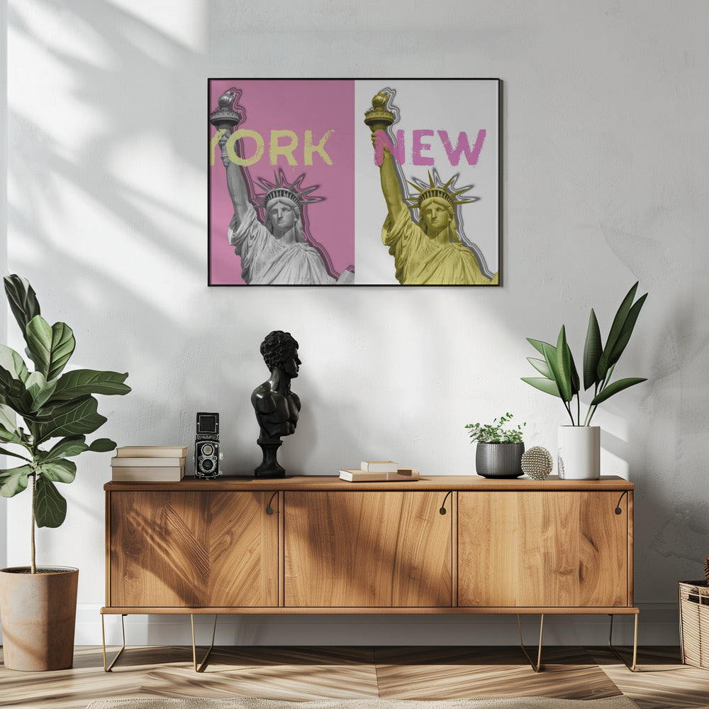 Art Prints of POP ART Statue of Liberty | pink & yellow