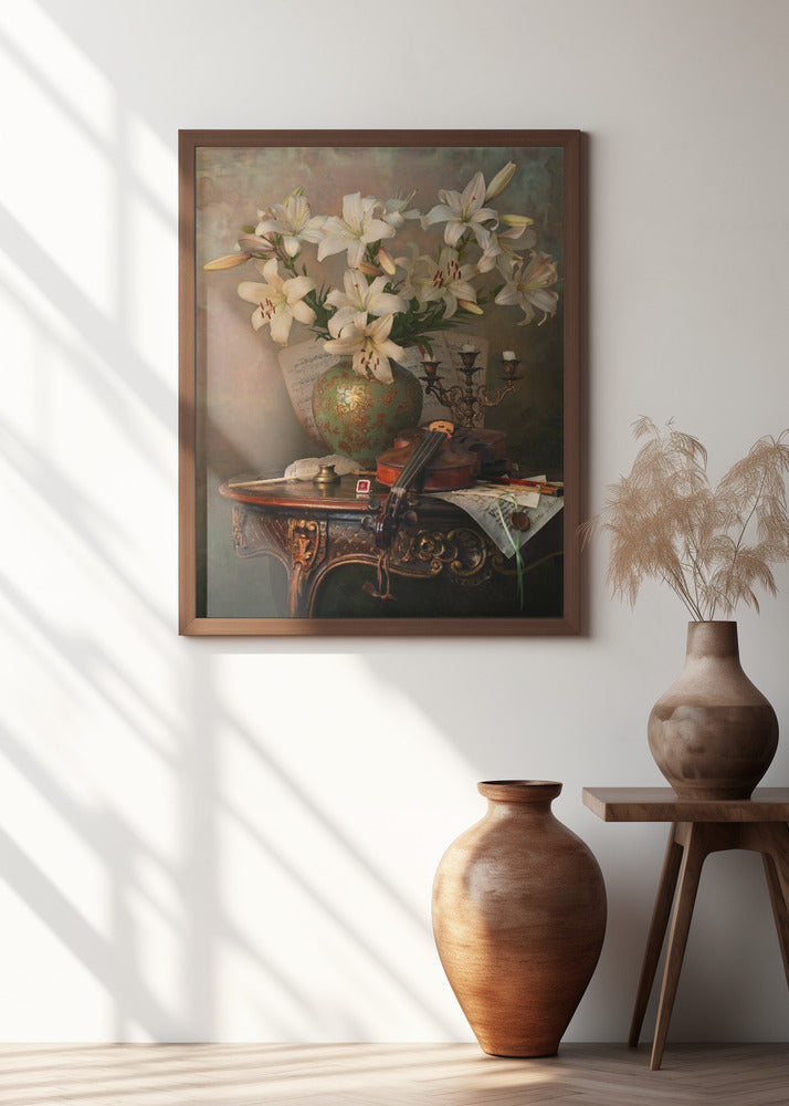 Still life with violin and lilies