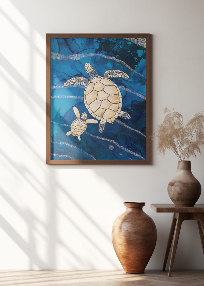 Gold turtles swimming