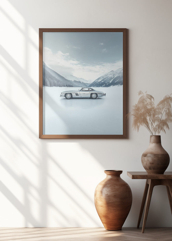 Retro Silver Car On Froozen Lake Side