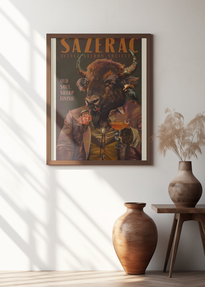 Buffalo Drinking Sazerac Cocktail. Alcohol & Liquor Bar Art