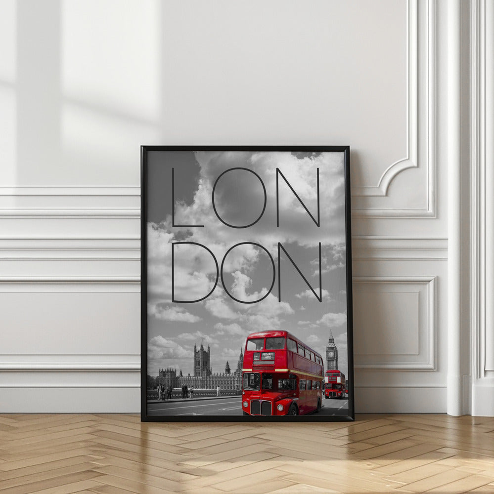 Art Prints of Red Buses in London | Text & Skyline