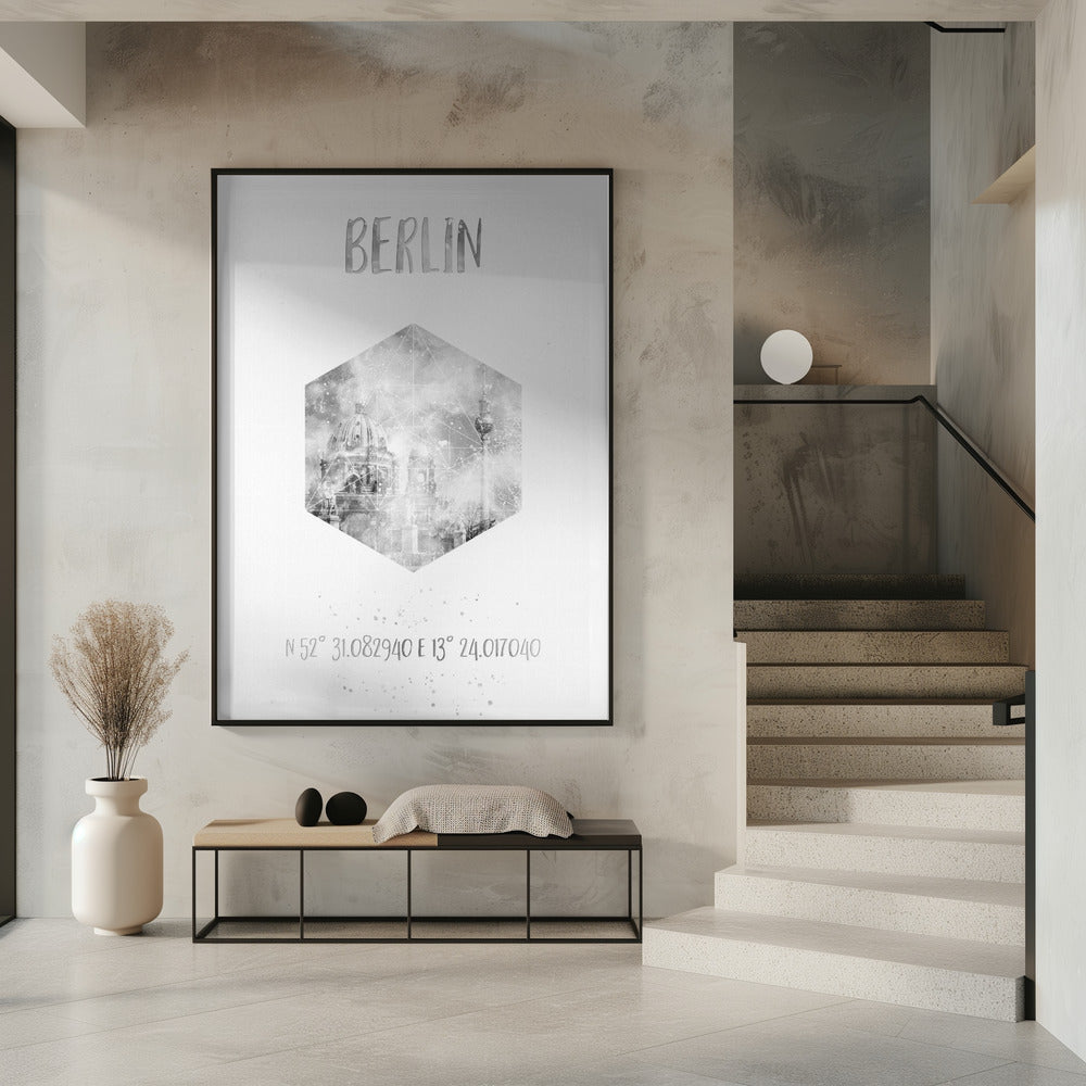 Art Prints of Coordinates BERLIN CATHEDRAL & TELEVISION TOWER | monochrome watercolor
