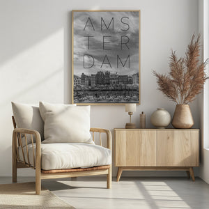 Art Prints of AMSTERDAM Singel Canal with Flower Market | Text & Skyline