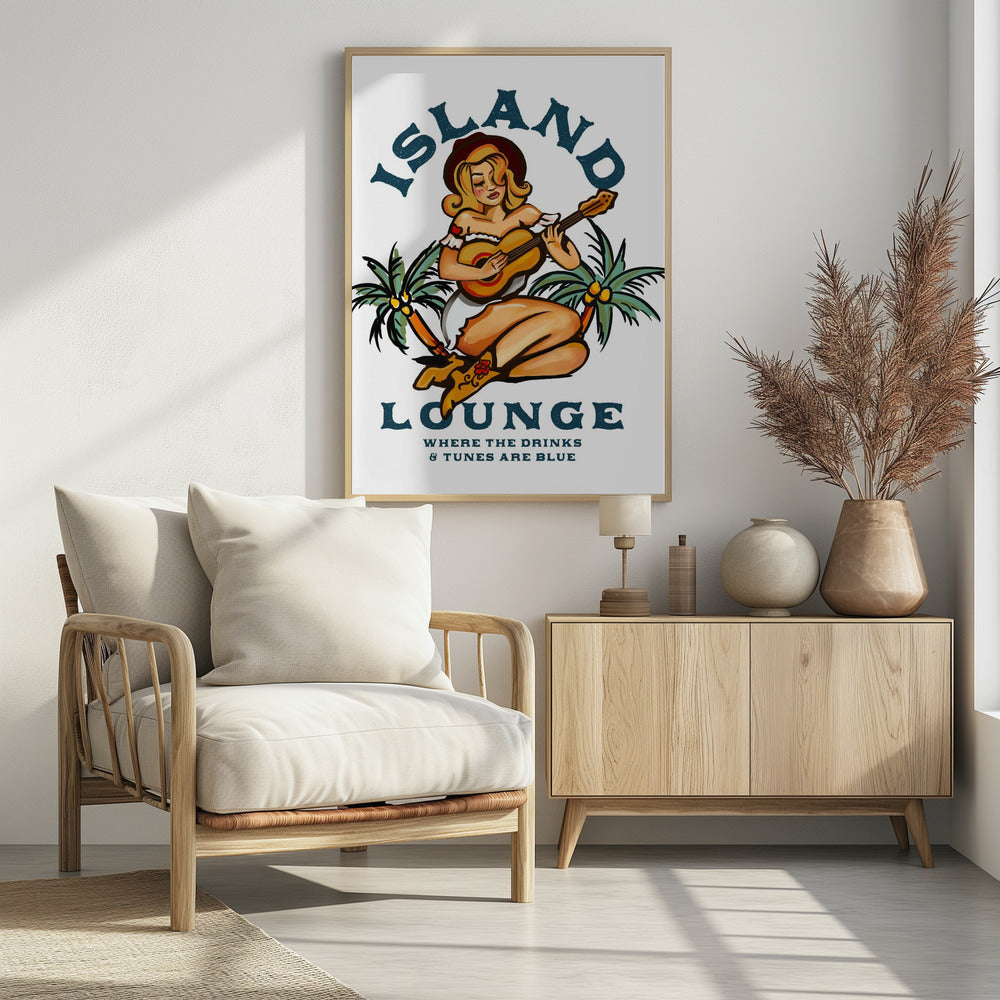 Island Lounge Tropical Pin Up Girl Playing Guitar
