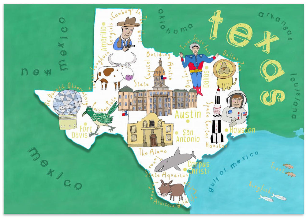 Texas State Map Illustration by Map Artist Carla Daly