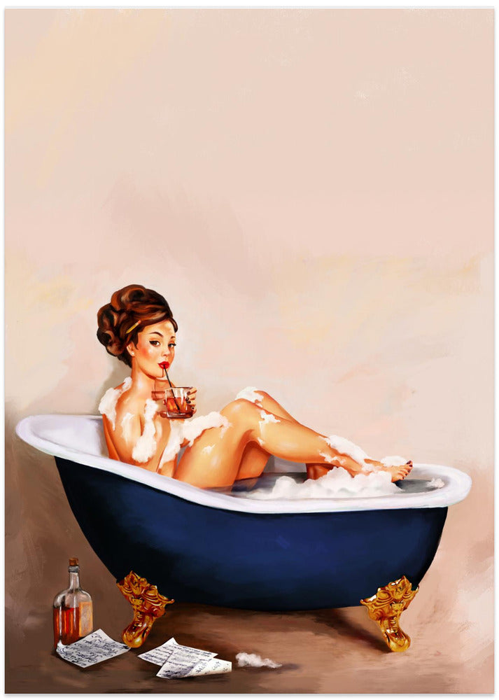 Bathtub Drinks: Pinup Girl Drinking In Bathroom