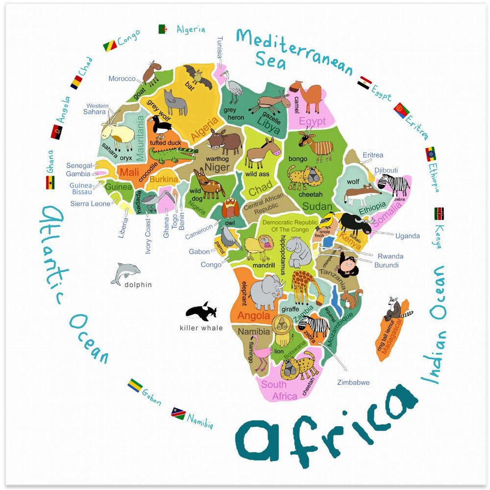 Illustrated Map of Africa with Countries and Cute Animals by Carla Daly